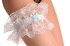 White Double Lace Garter With Gold Trim Blue Roses & Faux Pearls