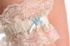 Cream Double Lace Garter With Gold Trim Blue Roses & Faux Pearls