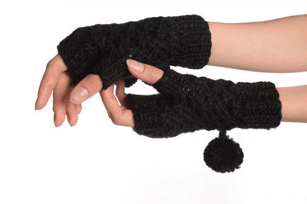 Black Knitted Fingerless Mittens With Pompons