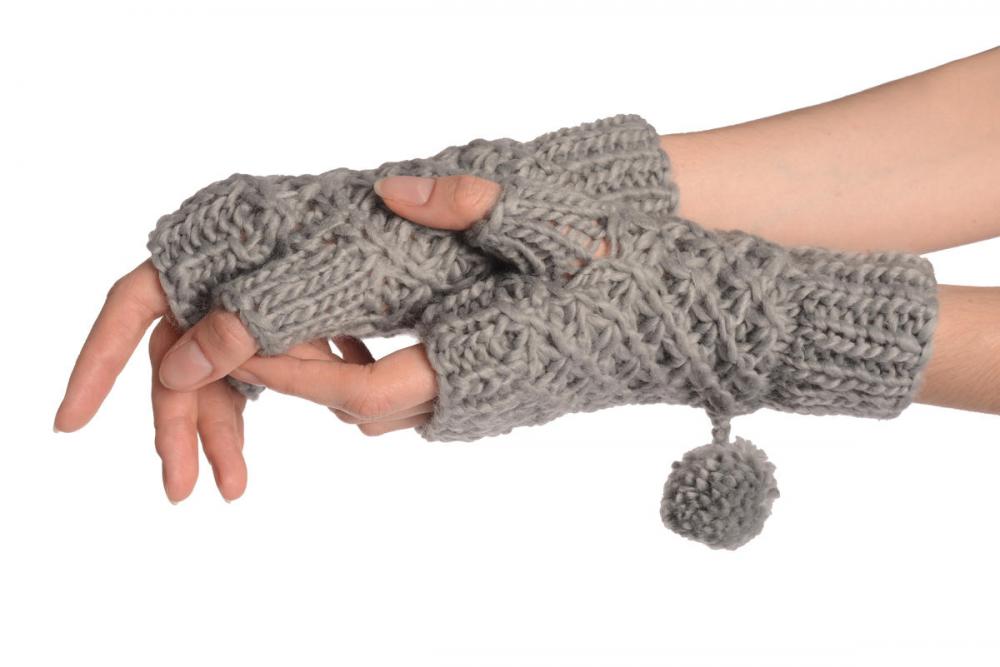 Grey Knitted Fingerless Mittens With Pompons