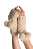 Sand White Knitted Fingerless Mittens With Pompons