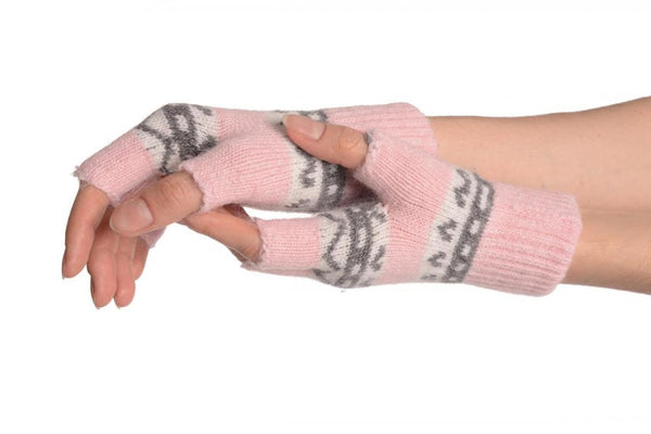 Angora Pink Fair Isle Knitted Fingerless Gloves