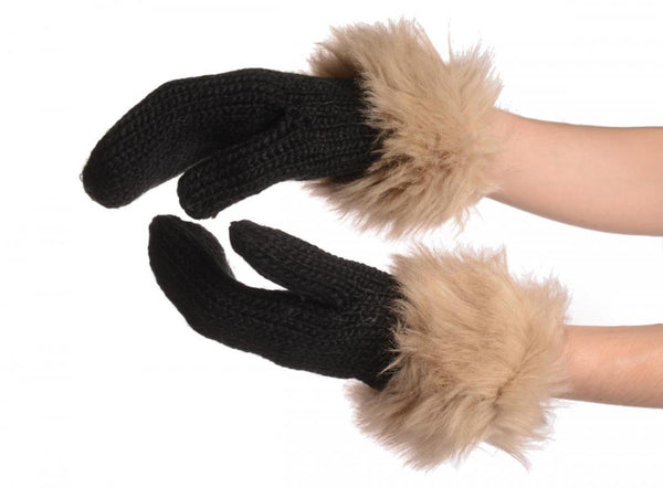 Black Knitted With Faux Fur Mittens