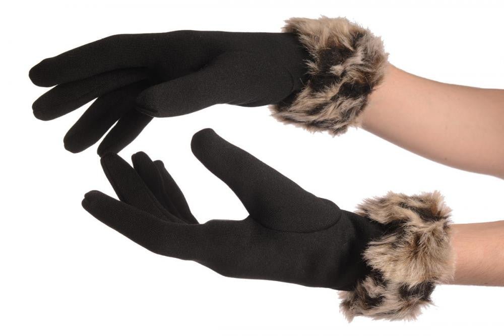 Black With Beige Faux Fur Gloves