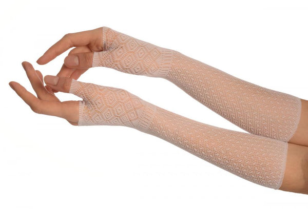 White Stretchy Crochet Lace Fingerless Evening Gloves