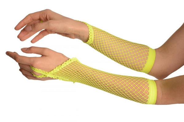 Neon Yellow Finger Loop Fishnet Party Gloves