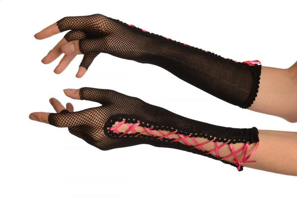 Black Fishnet Pink Lace Up Fingerless Gloves