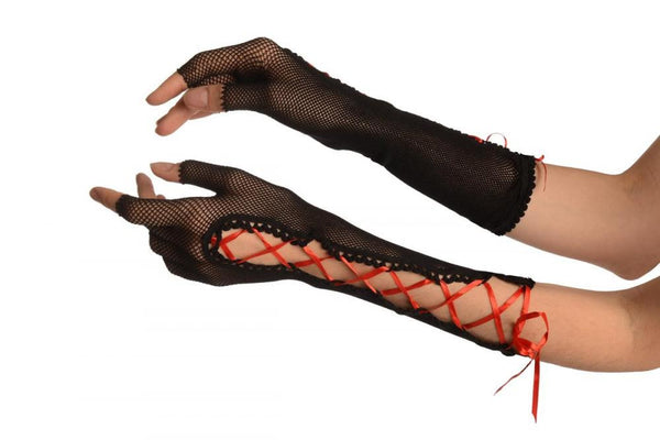 Black Fishnet Red Lace Up Fingerless Gloves
