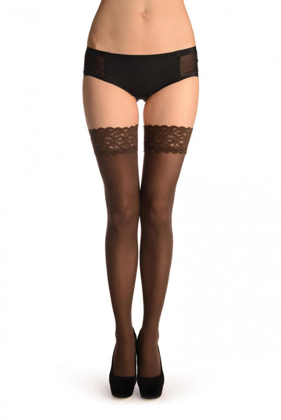 Brown Luxurious Hold Ups With Floral Silicon Lace 60 Den