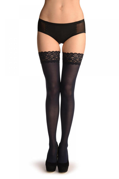 Dark Blue Luxurious Hold Ups With Floral Silicon Lace 60 Den