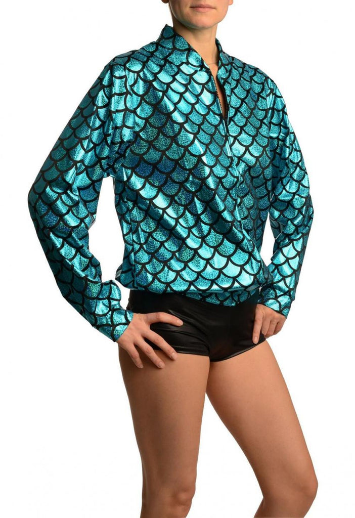 Blue Shiny Gloss Mermaid Scales Unisex Zip Disco Jacket