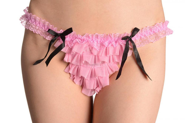 Baby Pink Mesh With Black Bows Frilly Thong