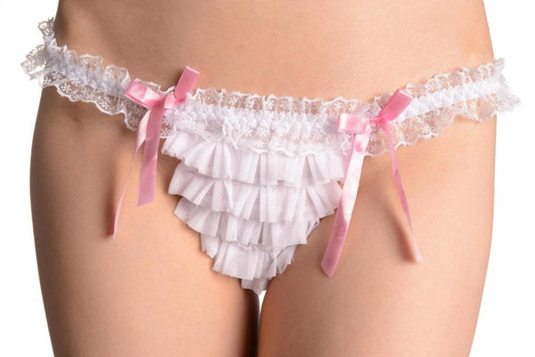 White Mesh With Pink Bows Frilly Thong