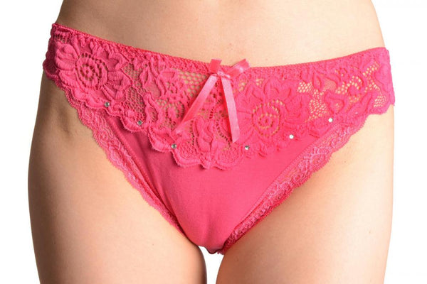 Cotton & Lace Top Trim With Crystals Pink High Leg Brazilian