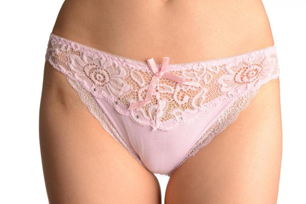 Cotton & Lace Top Trim With Crystals baby Pink High Leg Brazilian