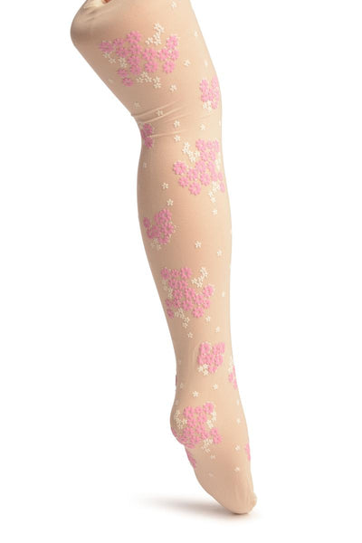 Cream With Rubberized Pink & White Daisies - Girls Tights