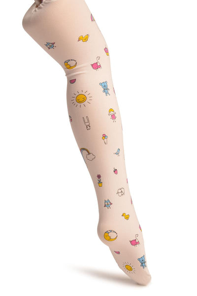 White With Printed Rainbow & Ice Cream - Girls Tights