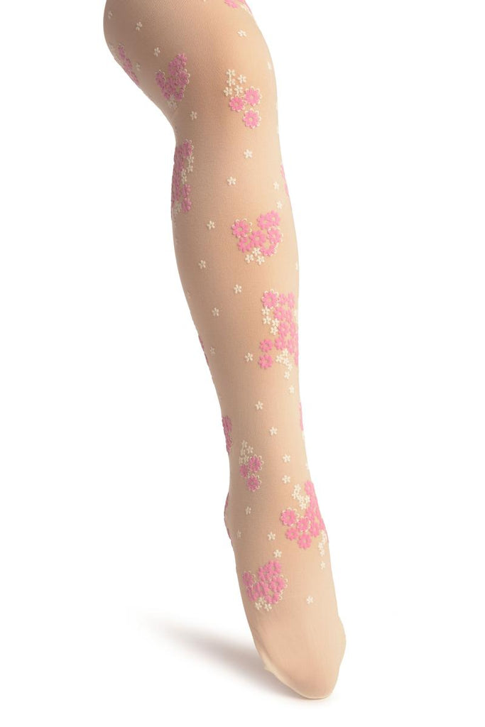 Cream With Rubberized Pink & White Daisies - Girls Tights