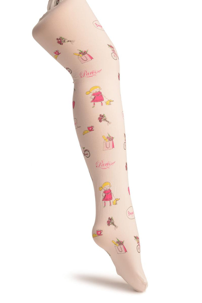 White With Printed Little Girl In Paris - Girls Tights