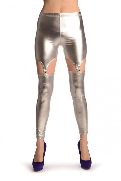 Silver Faux Leather Suspender Clip On Leggings