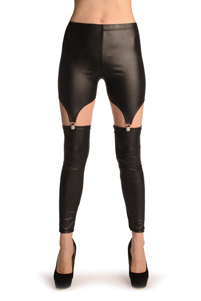 Black Faux Leather Suspender Clip On Leggings