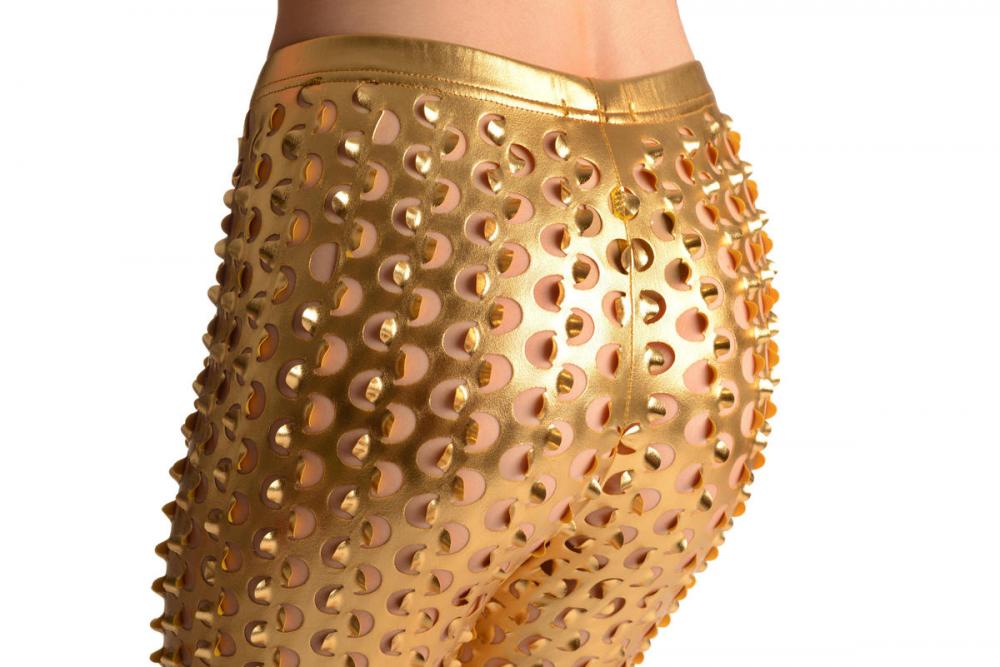 Gold 3D Cut Through Faux Leather Spikes - Leggings