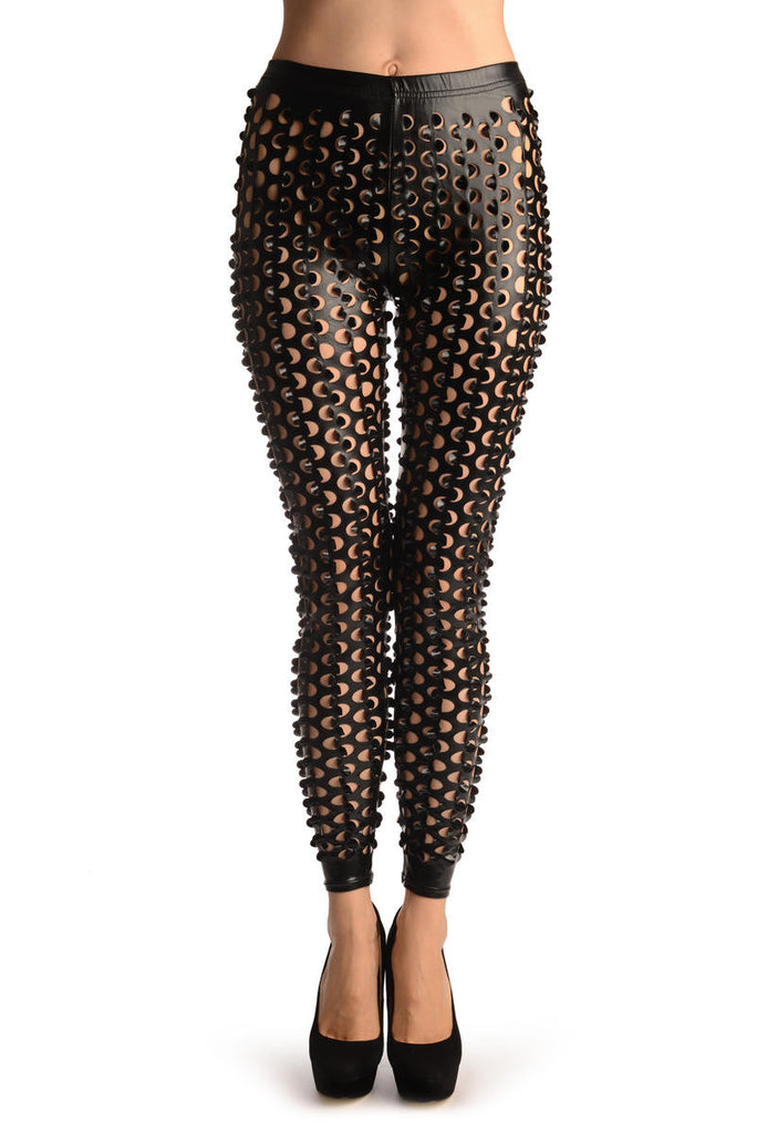 Black Wet Look Silk Like Shiny with The Silver Side Zip - Leggings