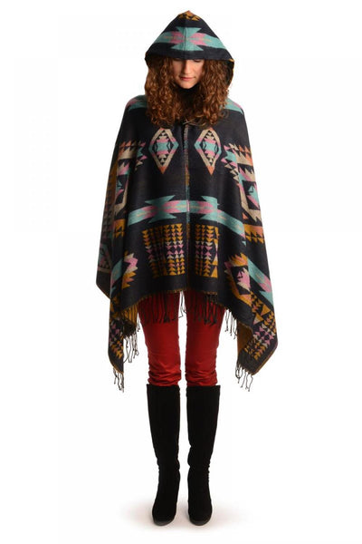 Dark Blue Woven Aztec With Hood Poncho