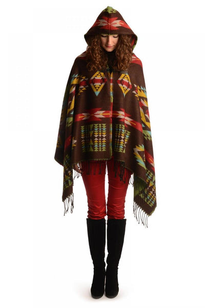 Brown Woven Aztec With Hood Poncho