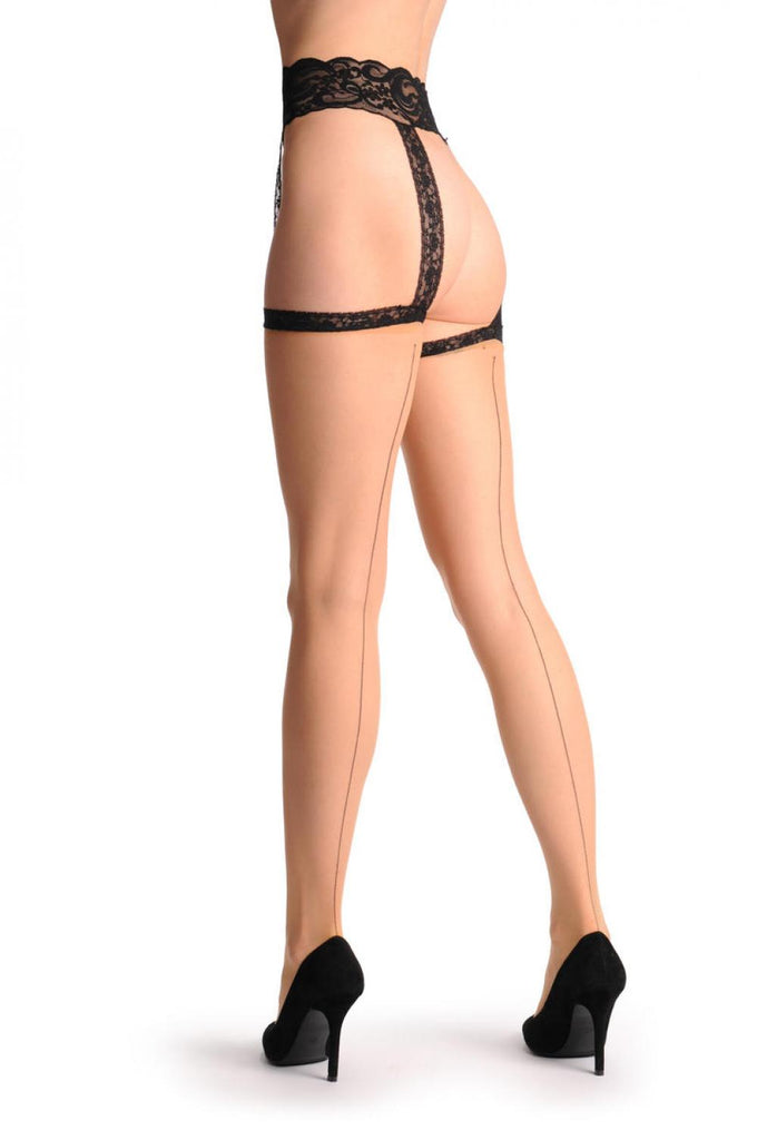 Nude Stockings With Black Seam & Black Lace Attached Suspender Belt