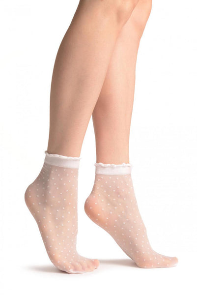 Small Polka Dots And Rounded Trim Top White Socks Ankle High 15 Den