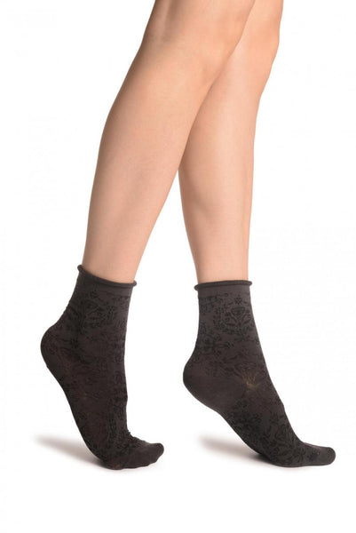 Versailles Pattern With Rolling Top on Dark Grey Ankle High Socks