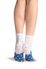 White With Wide Blue Dotted Stripe Ankle High Socks