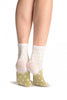White With Wide Green Dotted Stripe Ankle High Socks