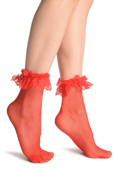 Red Fishnet With Lace Ruffles Ankle High Socks