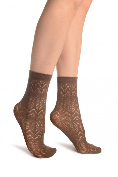 Brown Geometrical Crochet Lace Ankle High Socks