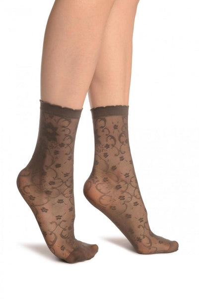 Grey Orchides On Lace Ankle High Socks