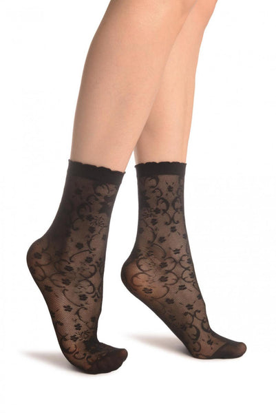 Black Orchids On Lace Ankle High Socks