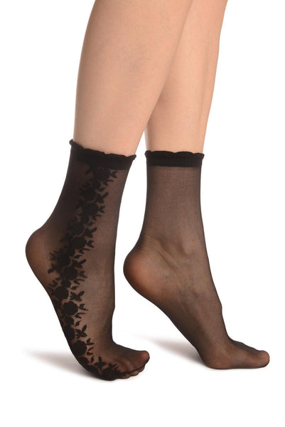 Black Mesh With Roses On The Side Ankle High Socks