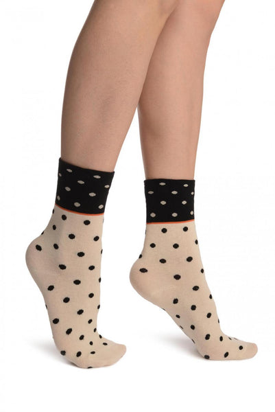 Small Polka Dot On Beige With Black Top Ankle High Socks