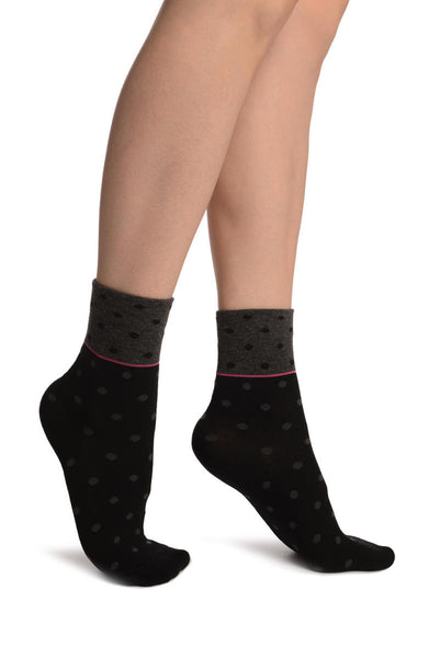 Small Polka Dot On Black With Grey Top Ankle High Socks