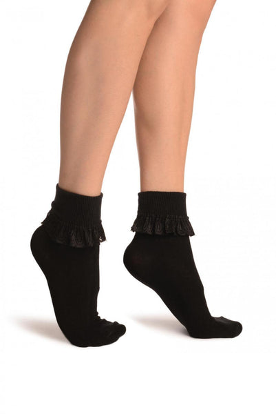 Black With Black Lace Trim Ankle High Socks