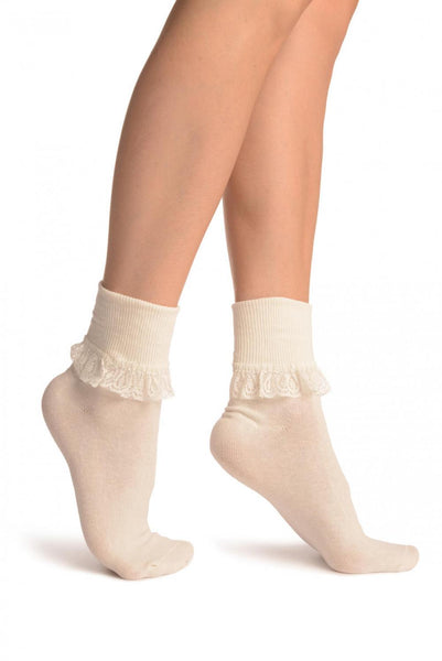 Cream With Cream Lace Trim Ankle High Socks