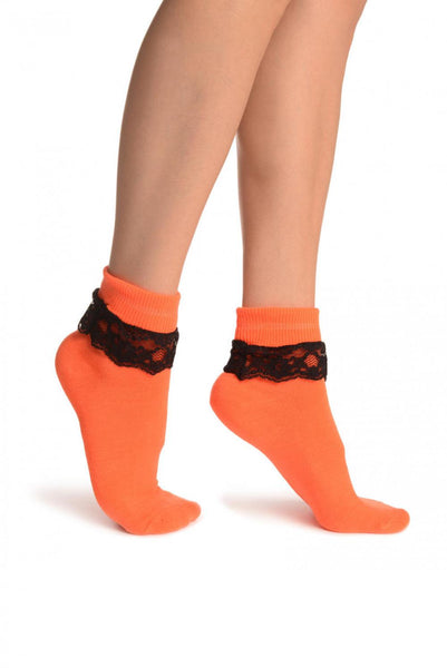 Neon Orange With Black Lace Trim Ankle High Socks