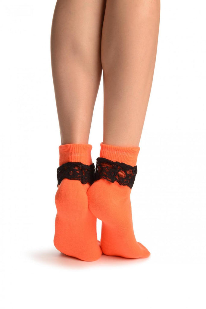 Neon Orange With Black Lace Trim Ankle High Socks