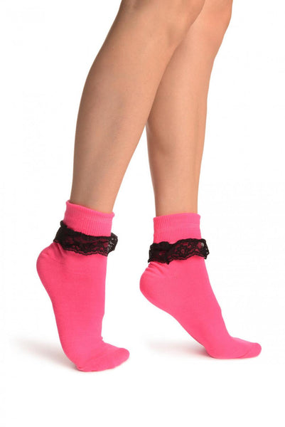 Neon Pink With Black Lace Trim Ankle High Socks