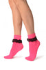 Neon Pink With Black Lace Trim Ankle High Socks