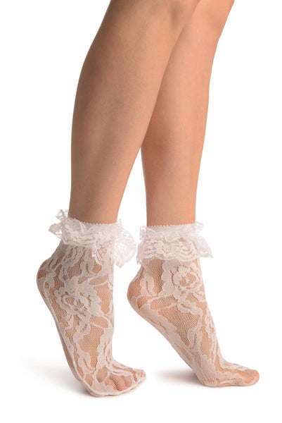 White Ruffled Stretch Lace Ankle High Socks
