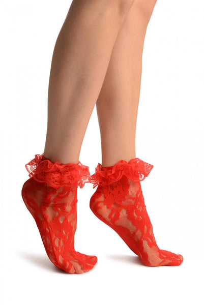 Red Ruffled Stretch Lace Ankle High Socks