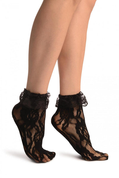 Black Ruffled Stretch Lace Ankle High Socks
